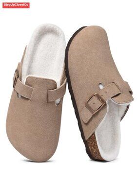 Fur Lined Genuine Suede Clogs Fuzzy Cork Footbed Potato Shoes